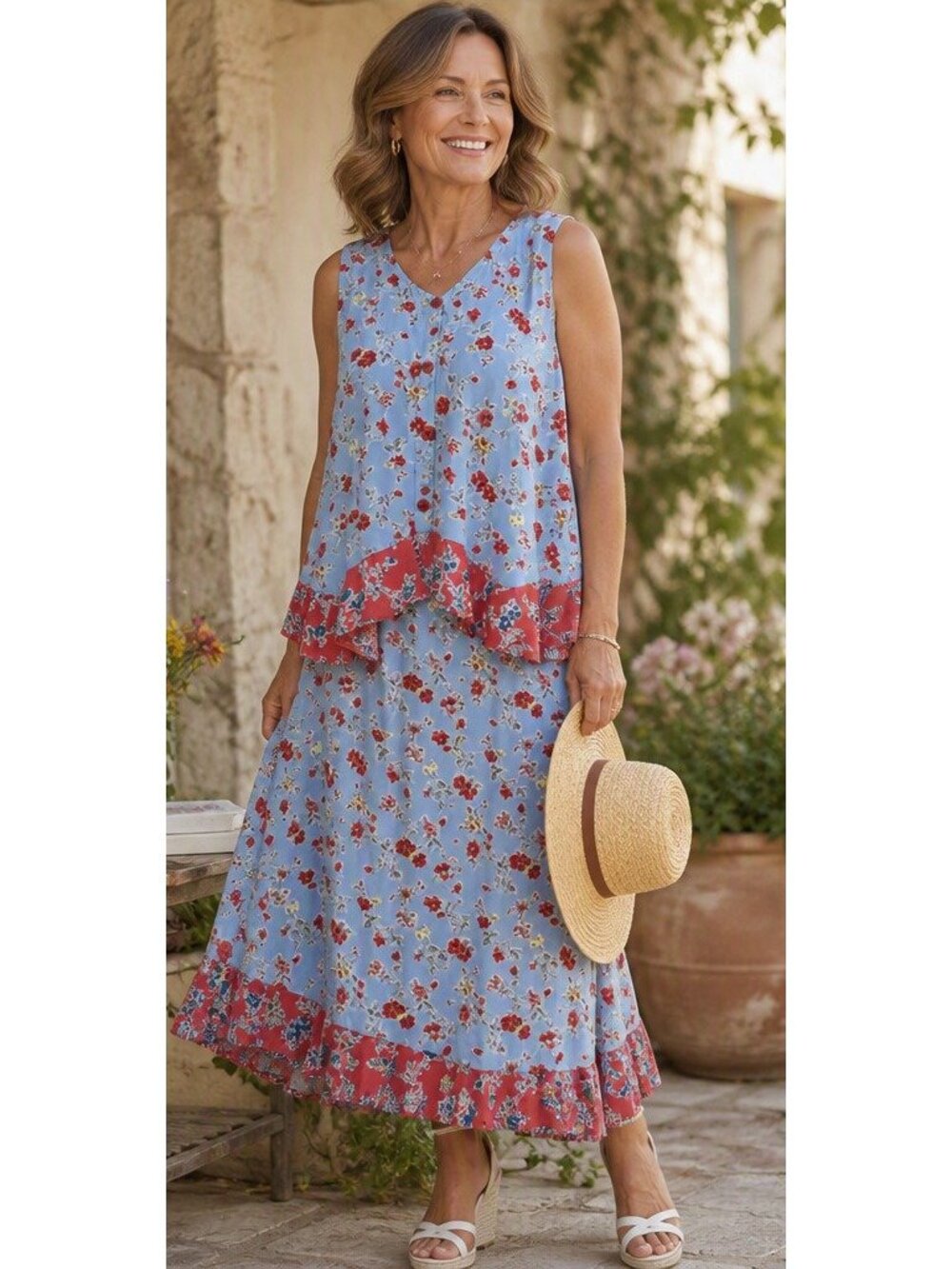 Sareet Women’s 14 XL Vtg 90s Blue Floral 2‑Piece Skirt Set Cottagecore Boho USA